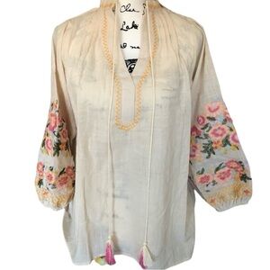 Bohemian 100% Cotton floral‎ embroidered tassels natural top balloon sleeves XL